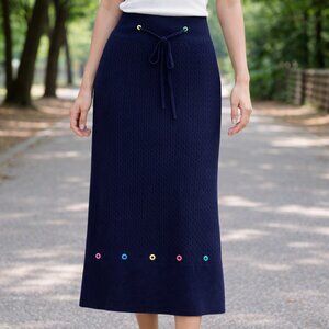Staud Navy Knit Pencil Skirt Hunter Rivet Grommet Detail Linen Blend XS
